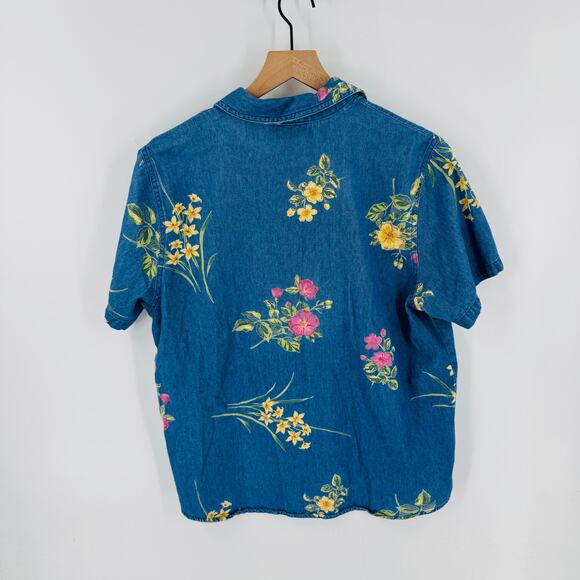 Vintage Casey & Max Floral Denim Shirt Cotton Short Sleeve Button-Down Size L - Picture 2 of 6